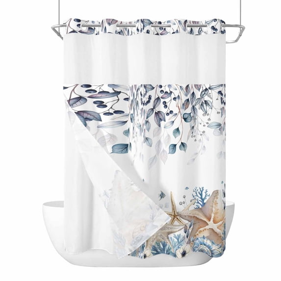 No Hook Shower Curtains with Snap-in Liner Set, Blue Beige Coastal Waterproof Hotel Style Bathroom Shower Curtain, Beach Starfish Summer Eucalyptus Breathable Mesh Top Window Bath Curtains 60''x72''
