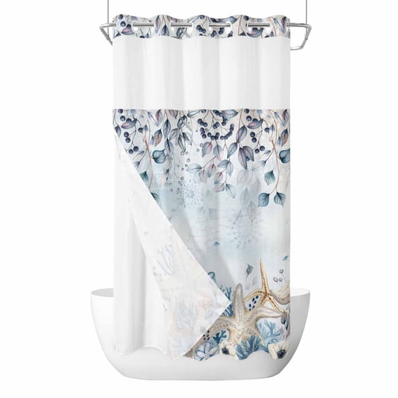 No Hook Shower Curtains with Snap-in Liner Set, Blue Beige Coastal Waterproof Hotel Style Bathroom Shower Curtain, Beach Starfish Summer Eucalyptus Ombre Breathable Mesh Top Bath Curtains 36''x72''