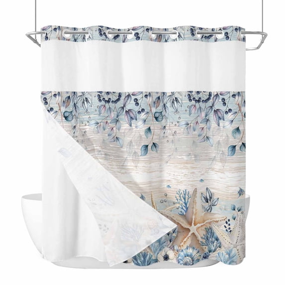 No Hook Shower Curtains with Snap-in Liner Set, Blue Beige Coastal Waterproof Hotel Style Bathroom Shower Curtain, Beach Starfish Summer Eucalyptus Vintage Breathable Mesh Top Bath Curtains 72''x72''
