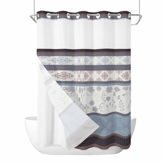 No Hook Shower Curtains with Snap-in Liner Set, Blue Brown Stripes Waterproof Hotel Style Bathroom Shower Curtain, Abstract Geometric Spring Flowers Country Mesh Top Bath Curtains 60''x72''