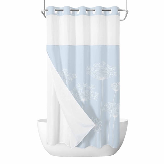 No Hook Shower Curtains with Snap-in Liner Set, Blue Dandelion Waterproof Hotel Style Bathroom Shower Curtain, Spring Modern Minimalist Country Flower Breathable Mesh Top Bath Curtains 36''x72''