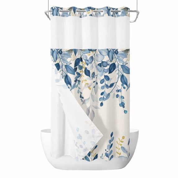 No Hook Shower Curtains with Snap-in Liner Set, Blue Eucalyptus Waterproof Hotel Style Bathroom Shower Curtain, Farmhouse Weeping Leaves Linen Breathable Mesh Top Window Bath Curtains 36''x72''