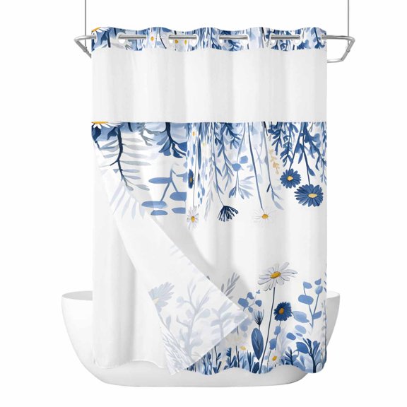 No Hook Shower Curtains with Snap-in Liner Set, Blue Floral Spring Waterproof Hotel Style Bathroom Shower Curtain, Summer Botanical Pastoral Breathable Mesh Top Window Bath Curtains 72''x84''