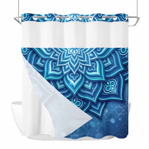 No Hook Shower Curtains with Snap-in Liner Set, Blue Florals Waterproof Hotel Style Bathroom Shower Curtain, Modern Abstract Middle Century Motifs Breathable Mesh Top Window Bath Curtains 72''x78''