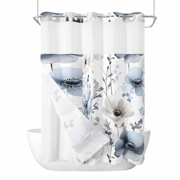 No Hook Shower Curtains with Snap-in Liner Set, Blue Grey Spring Floral Waterproof Hotel Style Bathroom Shower Curtain, Summer Flowers Botanical Breathable Mesh Top Window Bath Curtains 72''x84''