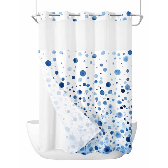 No Hook Shower Curtains with Snap-in Liner Set, Blue Polka Dot Waterproof Hotel Style Bathroom Shower Curtain, Modern Art Abstract Watercolor Dot Breathable Mesh Top Window Bath Curtains 72''x84''
