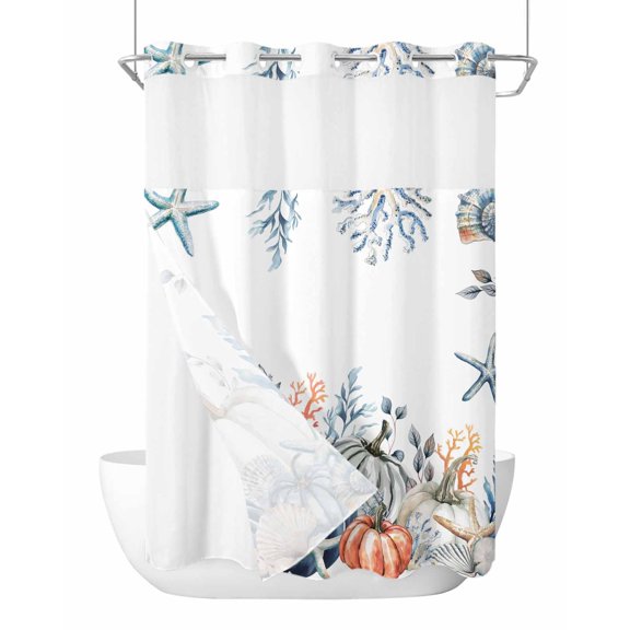 No Hook Shower Curtains with Snap-in Liner Set, Blue Pumpkin Coastal Fall Waterproof Hotel Style Bathroom Shower Curtain, Thanksgiving Starfish Summer Beach Mesh Top Window Bath Curtains 60''x72''