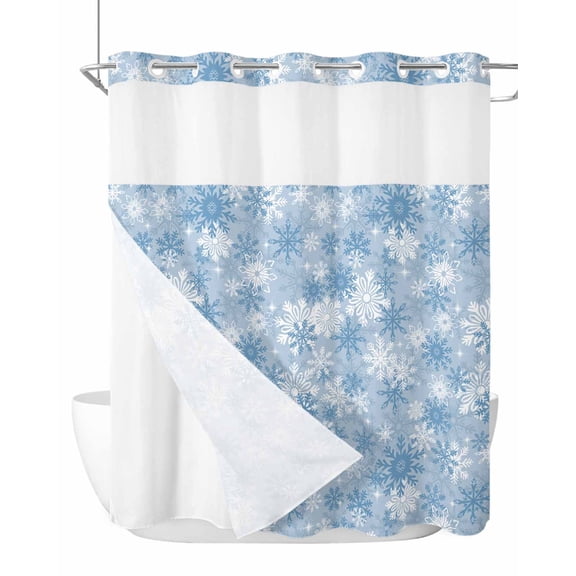 No Hook Shower Curtains with Snap-in Liner Set, Blue Snowflake Waterproof Hotel Style Bathroom Shower Curtain, Christmas Snowflake Blue White Breathable Mesh Top Window Bath Curtains 72''x72''