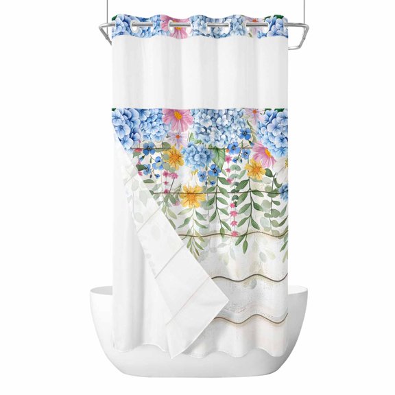 No Hook Shower Curtains with Snap-in Liner Set, Blue Spring Floral Waterproof Hotel Style Bathroom Shower Curtain, Summer Botanical Pastoral Wooden Breathable Mesh Top Window Bath Curtains 36''x72''