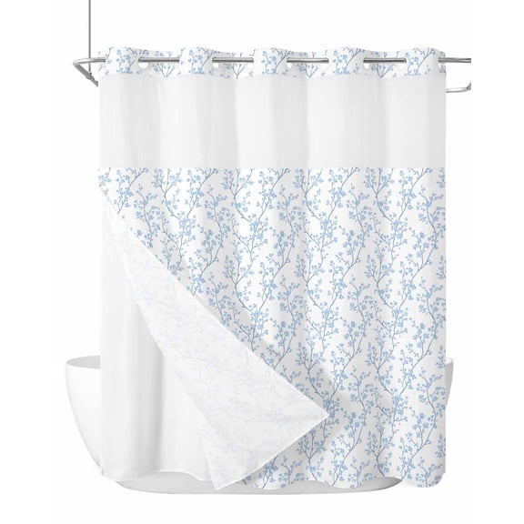 No Hook Shower Curtains with Snap-in Liner Set, Blue Spring Floral Waterproof Hotel Style Bathroom Shower Curtain, Summer Botanical Watercolor Breathable Mesh Top Window Bath Curtains 72''x72''