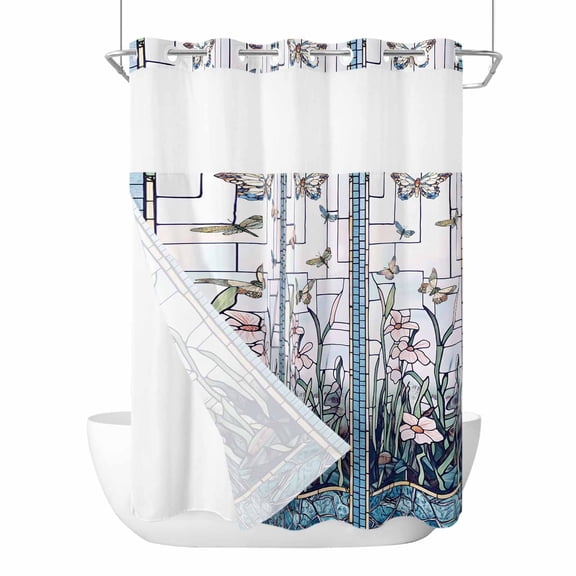 No Hook Shower Curtains with Snap-in Liner Set, Blue Spring Floral Waterproof Hotel Style Bathroom Shower Curtain, Summer Butterfly Farmhouse Breathable Mesh Top Window Bath Curtains 48''x72''
