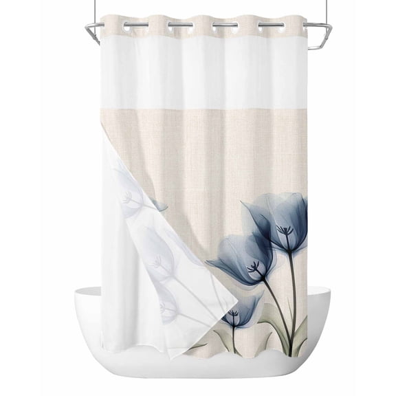 No Hook Shower Curtains with Snap-in Liner Set, Blue Tulip Waterproof Hotel Style Bathroom Shower Curtain, Spring Floral Rustic Summer Botanical Breathable Mesh Top Window Bath Curtains 36''x72''