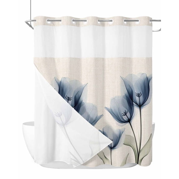 No Hook Shower Curtains with Snap-in Liner Set, Blue Tulip Waterproof Hotel Style Bathroom Shower Curtain, Spring Floral Rustic Summer Botanical Breathable Mesh Top Window Bath Curtains 72''x72''