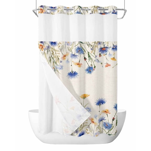 No Hook Shower Curtains with Snap-in Liner Set, Blue Yellow Pink Spring Floral Waterproof Hotel Style Shower Curtain, Watercolor Summer Botanical Rustic Mesh Top Window Bath Curtains 36''x72''
