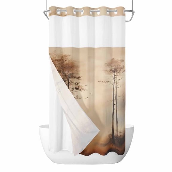 No Hook Shower Curtains with Snap-in Liner Set, Brown Forest Waterproof Hotel Style Bathroom Shower Curtain, Mysterious Rustic Farmhouse Tree Breathable Mesh Top Window Bath Curtains 36''x72''