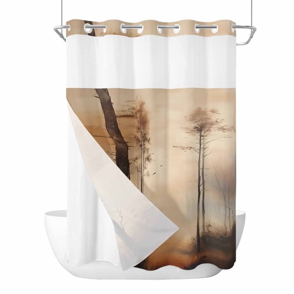 No Hook Shower Curtains with Snap-in Liner Set, Brown Forest Waterproof Hotel Style Bathroom Shower Curtain, Mysterious Rustic Farmhouse Tree Breathable Mesh Top Window Bath Curtains 72''x84''