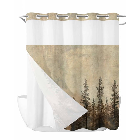 No Hook Shower Curtains with Snap-in Liner Set, Brown Forest Waterproof Hotel Style Bathroom Shower Curtain, Vintage Tree Farmhouse Botanical Breathable Mesh Top Window Bath Curtains 72''x72''