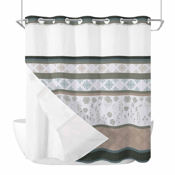 No Hook Shower Curtains with Snap-in Liner Set, Brown Geometric Waterproof Hotel Style Bathroom Shower Curtain, Stripes Boho Spring Flowers Pastoral Country Mesh Top Bath Curtains 72''x72''