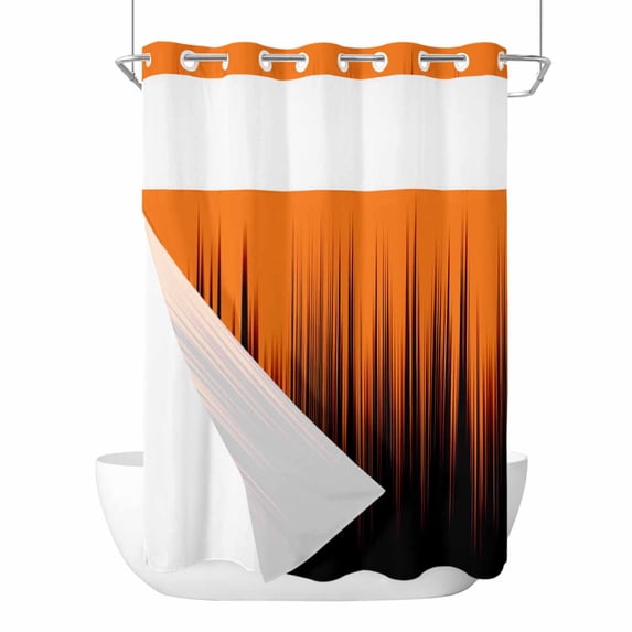 No Hook Shower Curtains with Snap-in Liner Set, Burnt Orange Black Ombre Waterproof Hotel Style Bathroom Shower Curtain, Modern Abstract Striped Gradient Breathable Mesh Top Bath Curtains 48''x72''