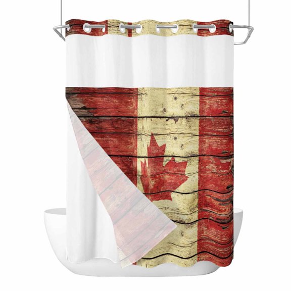 No Hook Shower Curtains with Snap-in Liner Set, Canada Waterproof Hotel Style Bathroom Shower Curtain, Red Maple Leaf Flag Farmhouse Shabby Wooden Grain Breathable Mesh Top Bath Curtains 72''x84''