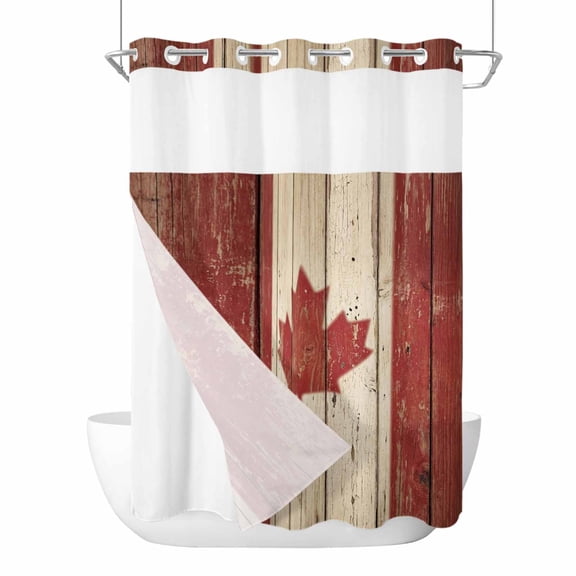 No Hook Shower Curtains with Snap-in Liner Set, Canada Waterproof Hotel Style Bathroom Shower Curtain, Red Maple Leaf Flag Vintage Farmhouse Wooden Grain Breathable Mesh Top Bath Curtains 72''x84''