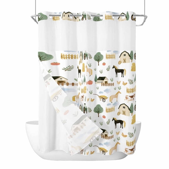 No Hook Shower Curtains with Snap-in Liner Set, Cartoon Farmhouse Waterproof Hotel Style Bathroom Shower Curtain, Cute Watercolor Cabin Animals Trees Breathable Mesh Top Bath Curtains 60''x72''