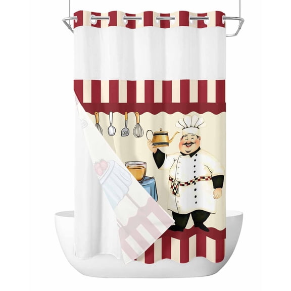 No Hook Shower Curtains with Snap-in Liner Set, Chef Waterproof Hotel Style Bathroom Shower Curtain, Red Fruit Cake Hat Kitchen Gourmet Vintage Breathable Mesh Top Window Bath Curtains 54''x78''