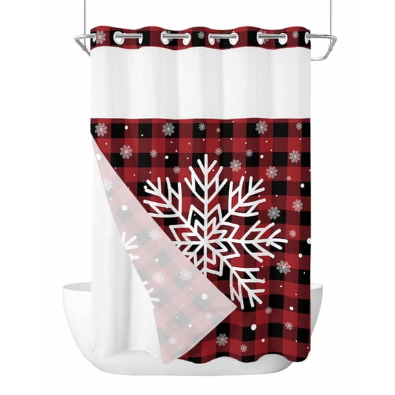 No Hook Shower Curtains with Snap-in Liner Set, Christmas Snowflake Waterproof Hotel Style Bathroom Shower Curtain, Winter Snwoflake Red Black Plaid Breathable Mesh Top Window Bath Curtains 72''x84''