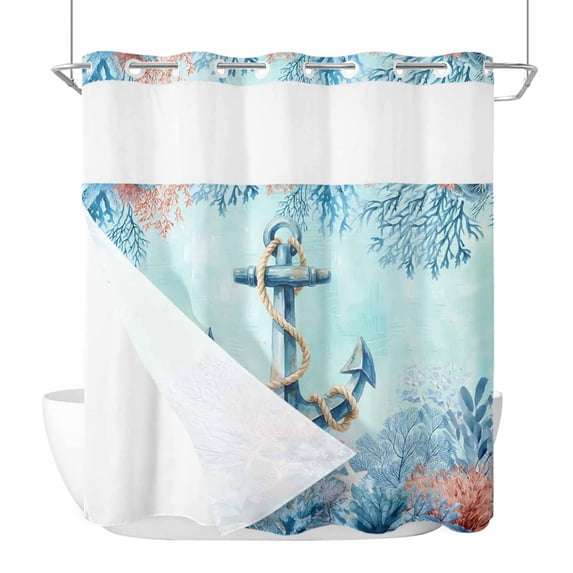 No Hook Shower Curtains with Snap-in Liner Set, Coastal Anchor Blue Waterproof Hotel Style Bathroom Shower Curtain, Summer Beach Nautical Coral Starfish Breathable Mesh Top Bath Curtains 72''x78''