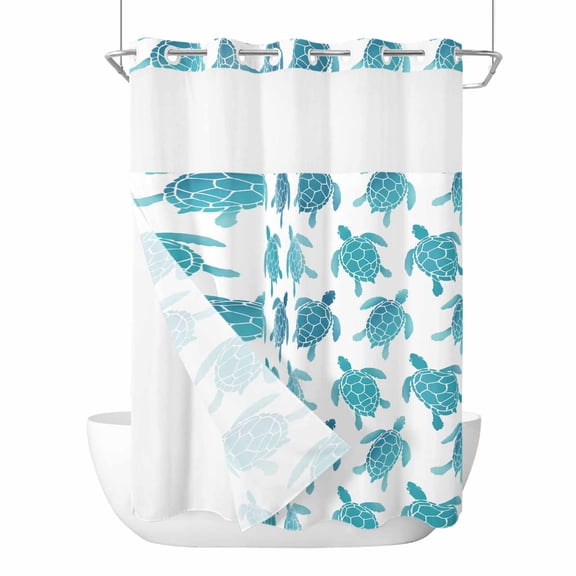 No Hook Shower Curtains with Snap-in Liner Set, Coastal Sea Turtle Waterproof Hotel Style Bathroom Shower Curtain, Nautical Turquoise Ocean Creatures Breathable Mesh Top Bath Curtains 48''x72''