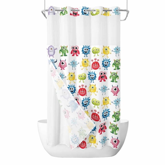 No Hook Shower Curtains with Snap-in Liner Set, Colorful Monsters Waterproof Hotel Bathroom Shower Curtain, Abstract Cartoon Cute Artistic Funny Breathable Mesh Top Window Bath Curtains 36''x72''