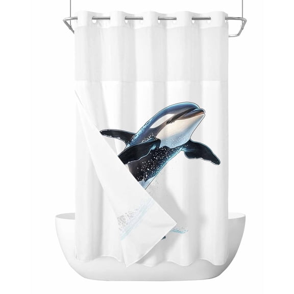No Hook Shower Curtains with Snap-in Liner Set, Cute Killer Whale Waterproof Hotel Style Bathroom Shower Curtain, Orca Animal Ocean Retro Artwork Breathable Mesh Top Window Bath Curtains 36''x72''