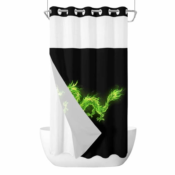 No Hook Shower Curtains with Snap-in Liner Set, Dragon Flames Waterproof Hotel Style Bathroom Shower Curtain, Green Dragons Abstract Modern Art Breathable Mesh Top Window Bath Curtains 36''x72''