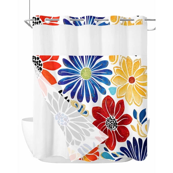 No Hook Shower Curtains with Snap-in Liner Set, Ethnic Spring Floral Waterproof Hotel Style Bathroom Shower Curtain, Summer Colorful Botanical Breathable Mesh Top Window Bath Curtains 72''x72''