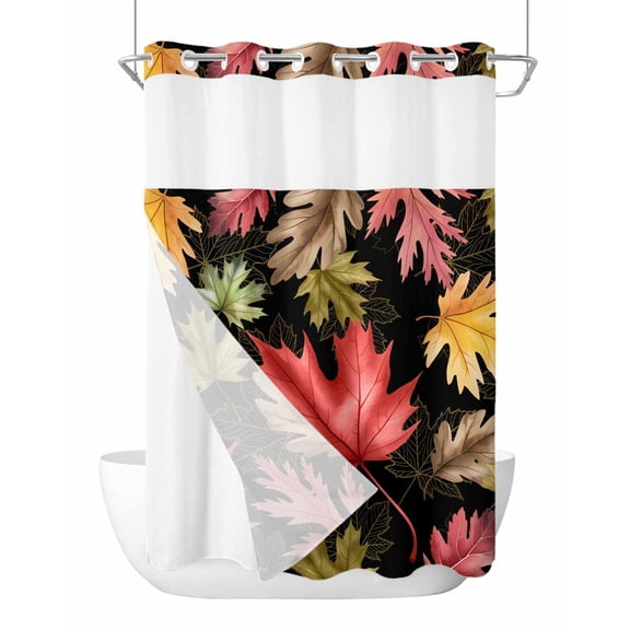 No Hook Shower Curtains with Snap-in Liner Set, Fall Maple Leaf Waterproof Hotel Style Bathroom Shower Curtain, Thanksgiving Botanical Leaves Black Breathable Mesh Top Window Bath Curtains 48''x72''