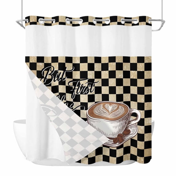 No Hook Shower Curtains with Snap-in Liner Set, Farmhouse Coffee Waterproof Hotel Style Bathroom Shower Curtain, Modern Vintage Coffees Black Brown Plaid Breathable Mesh Top Bath Curtains 72''x78''