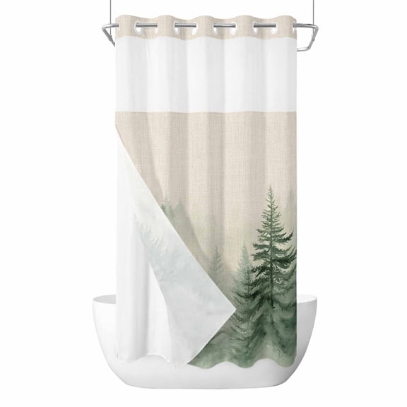No Hook Shower Curtains with Snap-in Liner Set, Farmhouse Mist Forest Waterproof Hotel Bathroom Shower Curtain, Vintage Trees Natural Landscape Breathable Mesh Top Window Bath Curtains 36''x72''