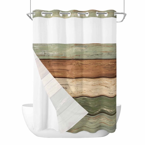 No Hook Shower Curtains with Snap-in Liner Set, Farmhouse Sage Green Brown Waterproof Hotel Style Bathroom Shower Curtain, Vintage Wooden Striped Breathable Mesh Top Window Bath Curtains 60''x72''