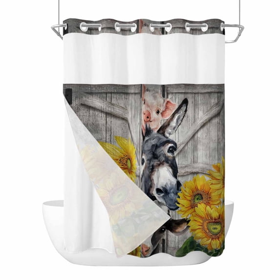 No Hook Shower Curtains with Snap-in Liner Set, Farmhouse Waterproof Hotel Style Bathroom Shower Curtain, Vintage Sunflowers Animals Printed Wood Grain Breathable Mesh Top Bath Curtains 60''x72''