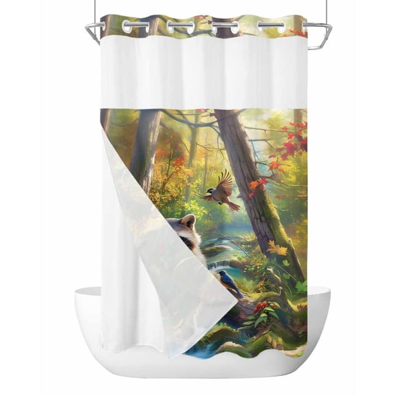 No Hook Shower Curtains with Snap-in Liner Set, Forest Raccoon Waterproof Hotel Style Bathroom Shower Curtain, Animal Bird Mountains Tree Natural Landscape Mesh Top Window Bath Curtains 36''x72''