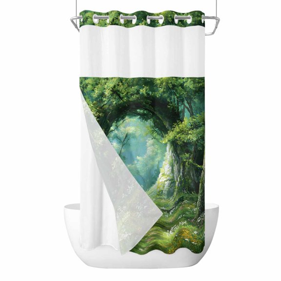 No Hook Shower Curtains with Snap-in Liner Set, Forest Waterproof Hotel Style Bathroom Shower Curtain, Nature Green Tree Spring Scenic Woodland Breathable Mesh Top Window Bath Curtains 36''x72''