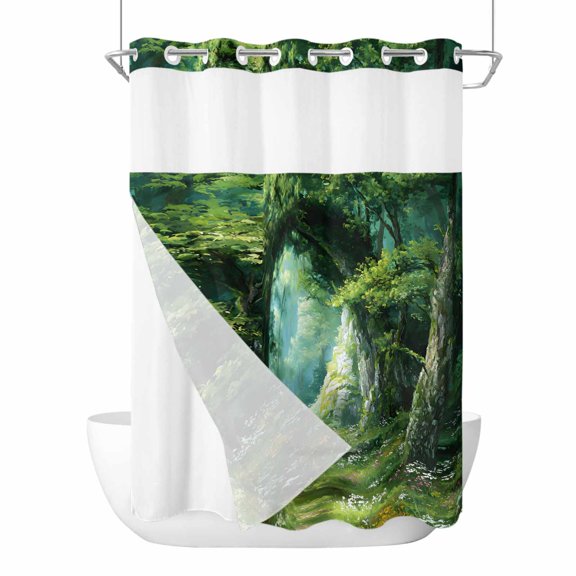 No Hook Shower Curtains with Snap-in Liner Set, Forest Waterproof Hotel Style Bathroom Shower Curtain, Nature Green Tree Spring Scenic Woodland Breathable Mesh Top Window Bath Curtains 72''x84''
