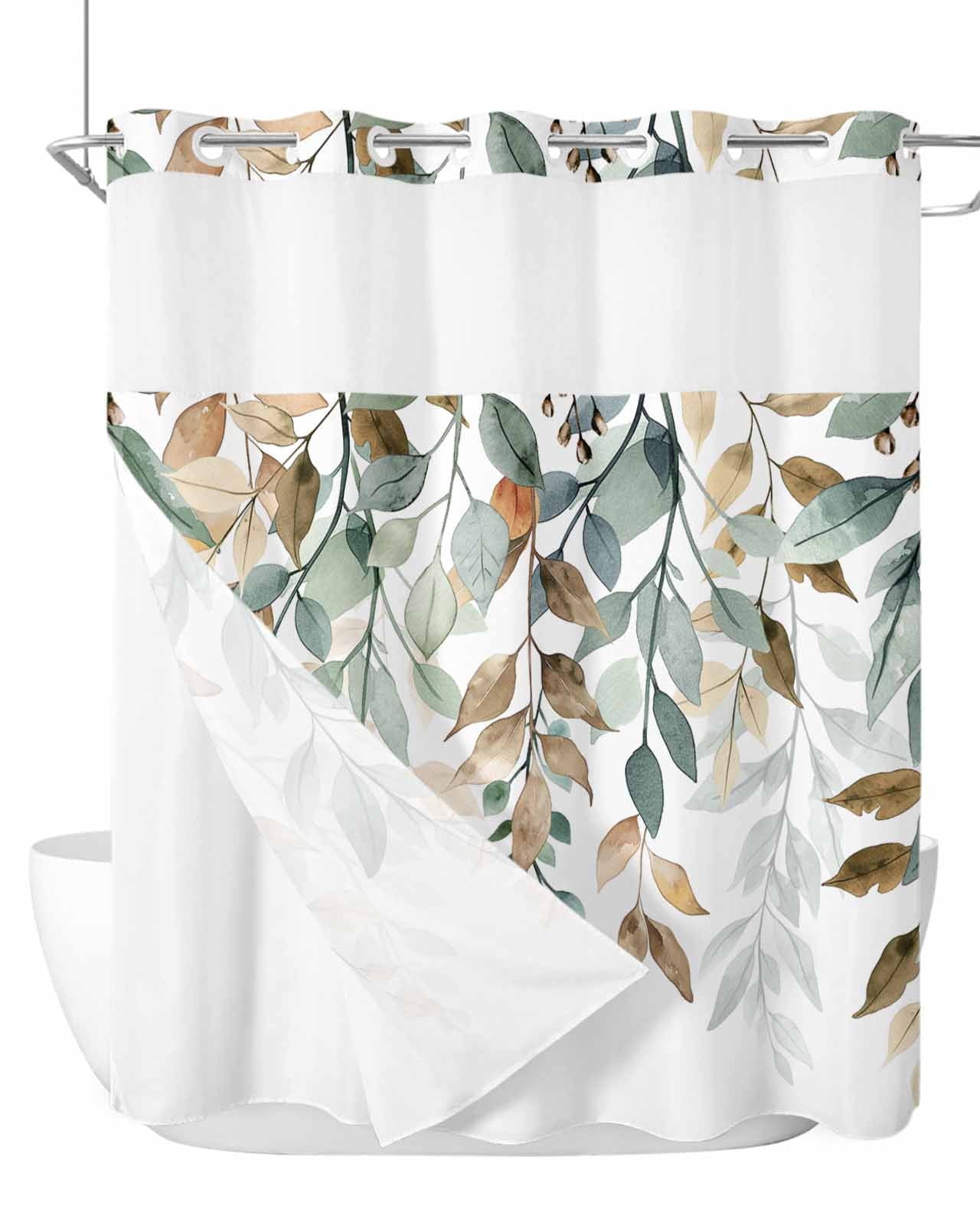 No Hook Shower Curtains with Snap-in Liner Set, Green Brown Botanical Waterproof Hotel Style Bathroom Shower Curtain, Farmhouse Eucalyptus Leaves Breathable Mesh Top Window Bath Curtains 72''x72''