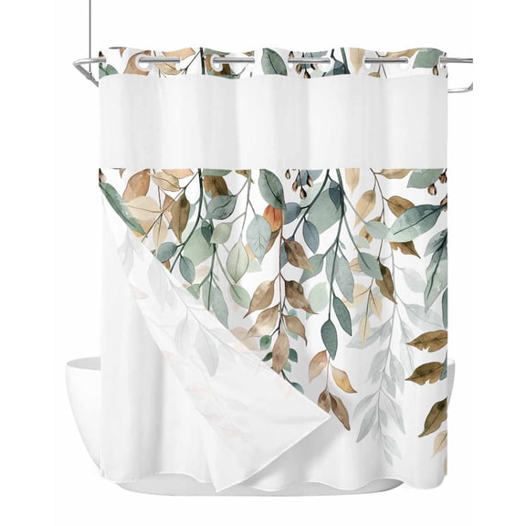 No Hook Shower Curtains with Snap-in Liner Set, Green Brown Botanical Waterproof Hotel Style Bathroom Shower Curtain, Farmhouse Eucalyptus Leaves Breathable Mesh Top Window Bath Curtains 72''x72''