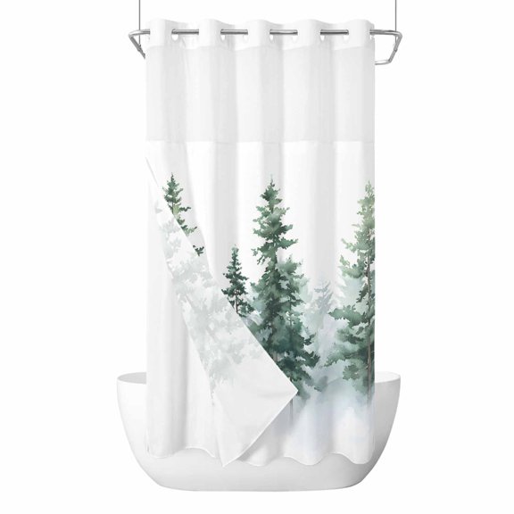 No Hook Shower Curtains with Snap-in Liner Set, Green Ombre Forest Waterproof Hotel Style Bathroom Shower Curtain, Watercolor Trees Sage Green Breathable Mesh Top Window Bath Curtains 36''x72''