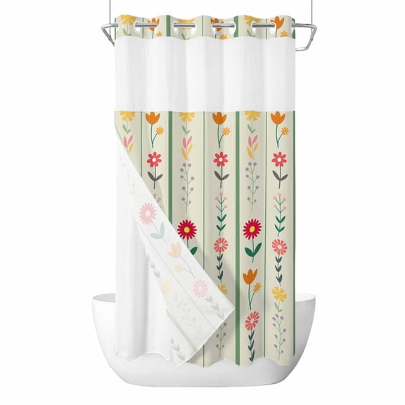 No Hook Shower Curtains with Snap-in Liner Set, Green Spring Floral Waterproof Hotel Style Bathroom Shower Curtain, Colorful Summer Flowers Vintage Botanical Mesh Top Bath Curtains 36''x72''