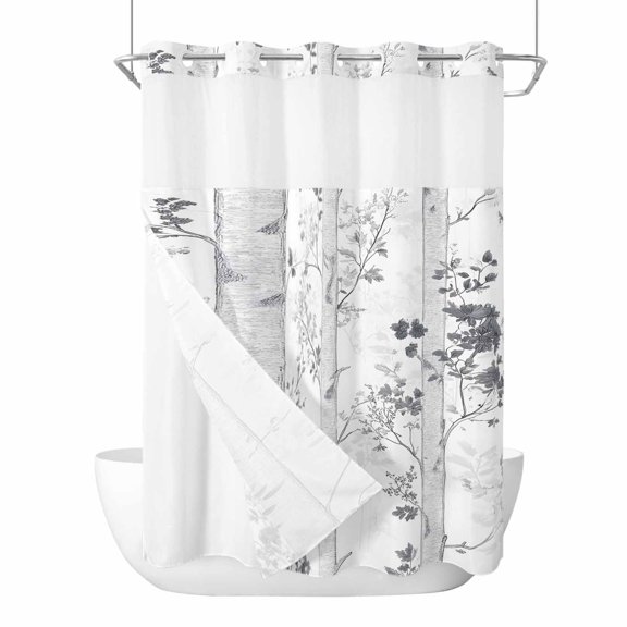 No Hook Shower Curtains with Snap-in Liner Set, Grey Branches Forest Waterproof Hotel Style Bathroom Shower Curtain, Vintage Watercolor Tree Breathable Mesh Top Window Bath Curtains 72''x84''