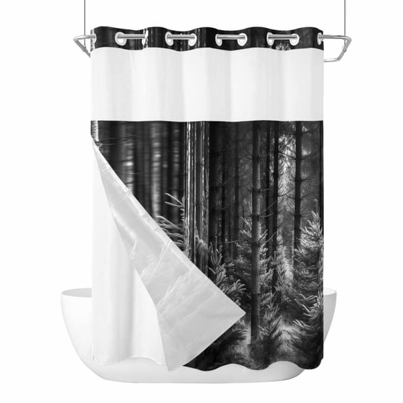 No Hook Shower Curtains with Snap-in Liner Set, Grey Forest Waterproof Hotel Style Bathroom Shower Curtain, Mysterious Primitive Forest Pine Tree Breathable Mesh Top Window Bath Curtains 72''x84''