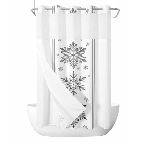 No Hook Shower Curtains with Snap-in Liner Set, Grey Snowflake Christmas Waterproof Hotel Style Bathroom Shower Curtain, Xmas Abstract Art Winter Breathable Mesh Top Window Bath Curtains 36''x72''