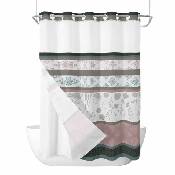 No Hook Shower Curtains with Snap-in Liner Set, Grey Stripes Abstract Waterproof Hotel Style Bathroom Shower Curtain, Geometric Spring Flowers Country Breathable Mesh Top Bath Curtains 60''x72''